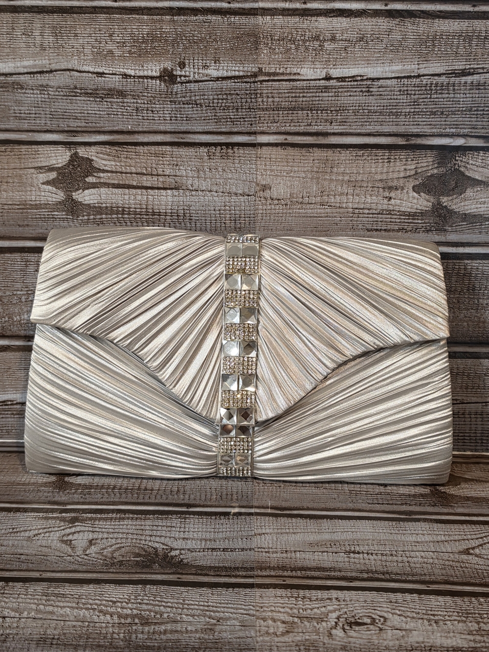 Vintage Gunne Sax by Jessica McClintock Silver Satin Pleated Rhinestone Clutch